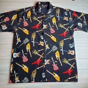 Vintage Dragonfly Button Shirt with All Over Guitar Print sz. Large. Lounge.